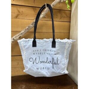 Vintage Addiction “Wonderful World” Canvas Tote Bag Frayed Trim Approx 17″x14″